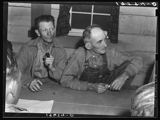 Farm Security Administration (FSA) camp for migratory agricultural workers. Farmersville, California. Meeting of the camp council
