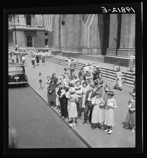 Untitled photo, possibly related to Fifth Avenue at Saint Patrick's Cathedral. Waiting for an uptown bus. New York City