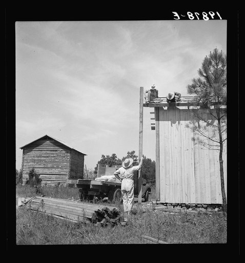 Building plank tobacco barn to replace old log one. Note pile of wood for curing. Building takes approximately one week. Near Chapel Hill, North Carolina