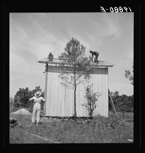 Untitled photo, possibly related to: Building plank tobacco barn to replace old log one. Building takes approximately one week, this barn can be built for one hundred dollars. The average life of a barn is fifteen to twenty years. Near Chapel Hill, North Carolina