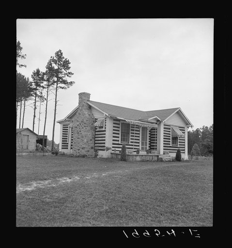 Note on architecture. A new very fancy log bungalow showing influence of tobacco barn construction. Logs are painted black and white. Near Gordonton, North Carolina