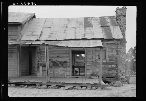 Negro sharecropper house on dirt. Dirt log cabin on right is much older than attached frame cabin on left. Both have halfstones. Note dog run and flowering plants in tin can and tubs. This is typical of Negro dwellings. Log build visible. Through the back door is the corncrib. Near Olive Hill, North