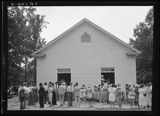 Untitled photo, possibly related to: Congregation gathers in groups to talk after services are over. Wheeley's Church, Person County, North Carolina