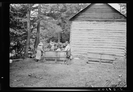 Untitled photo, possibly related to: Families stringing tobacco brought in from the field by sled. Granville County, North Carolina