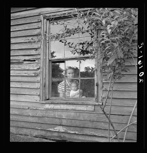 Wife and five month old baby of young tobacco sharecropper (Mr. Taylor) in window of their home. She is seventeen years old. On the following day she helped "put in" tobacco at the farm. Granville County, North Carolina