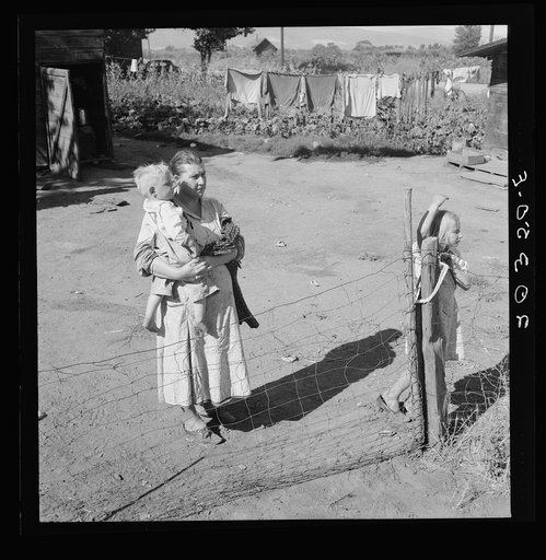 Family living in shacktown community, mostly from Kansas and Missouri. This family has five children, oldest in third grade. Rent seven dollars per month, no plumbing. Husband working on Work Projects Administration wages, forty four dollars. Washington, Yakima Valley