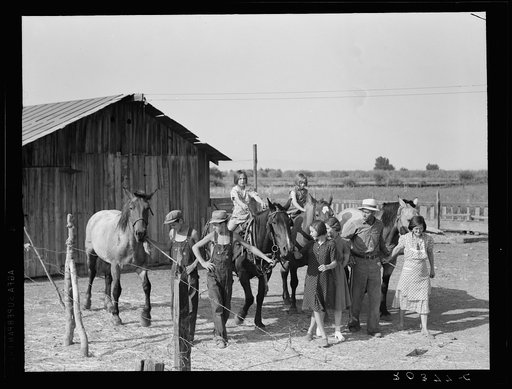 Untitled photo, possibly related to: Chris Adolf, his team, and six of his children on their new farm. Washington, Yakima Valley, near Wapato