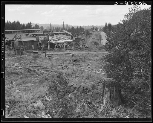 Untitled photo, possibly related to: Mumby Lumber Mill, closed in 1938 after thirty-five years operation. Now being dismantled. Western Washington, Grays Harbor County, Malone, Washington