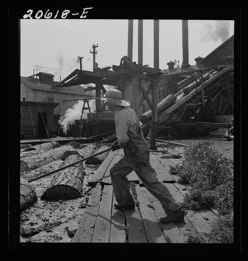 "Pond monkey" guides course of logs from the mill pond to the chute. Pelican Bay Lumber Company mill. Klamath Falls, Oregon