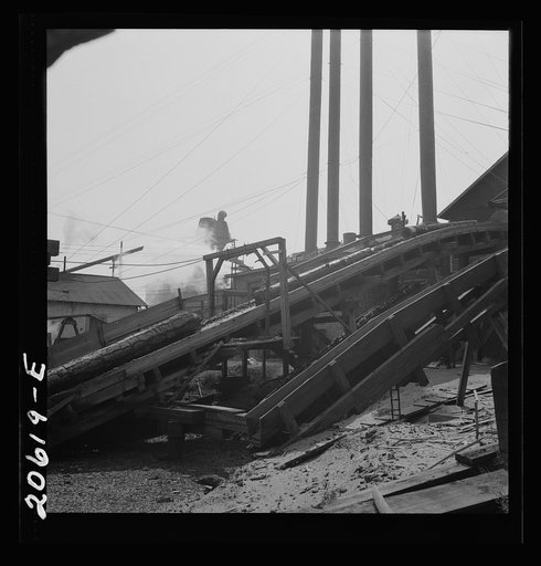 At Pelican Bay Lumber Company mill, showing chute which conveys logs from pond to the saw. Near Klamath Falls, Klamath County, Oregon