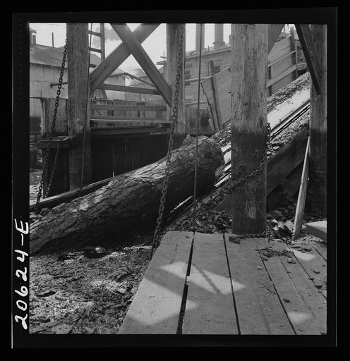Untitled photo, possibly related to: At Pelican Bay Lumber mill logs enter the mill by way of log chute. Near Klamath Falls, Klamath County, Oregon