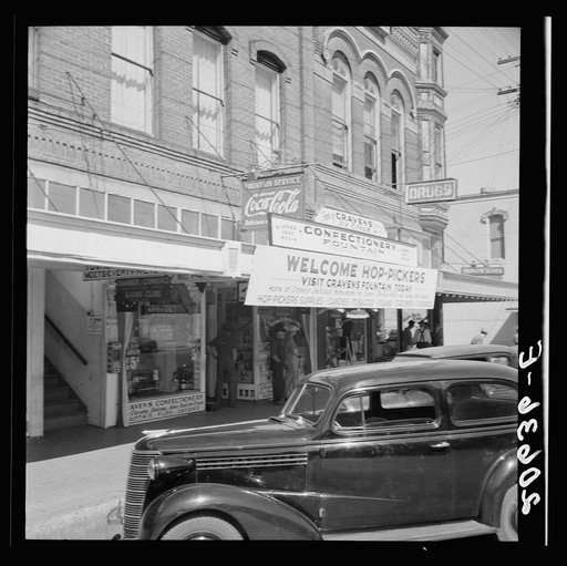 Untitled photo, possibly related to: Street corner, Williamette Valley. Small town during hop season. Independence, Polk County, Oregon