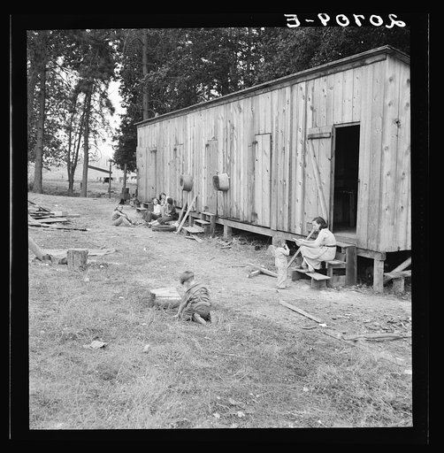 Untitled photo, possibly related to: Oregon, Josephine County, near Grants Pass. One room per family in rough wooden barracks on grower's property. No running water in camp. Hop ranch