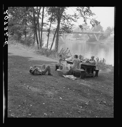 Oregon, Josephine County, Grants Pass. Sunday family picnic. Hot afternoon in park on Rogue River. Her mother, his mother, young husband and wife, two boys, and baby