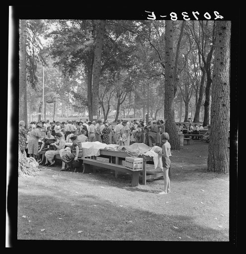 Oregon, Josephine County, Grants Pass. A picnic in town park on Rogue River. "California Day." Hot Sunday afternoon in summer. Participants register