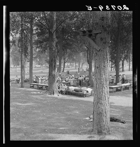 Untitled photo, possibly related to: Oregon, Josephine County, Grants Pass. A picnic in town park on Rogue River. "California Day." Hot Sunday afternoon in summer. Participants register