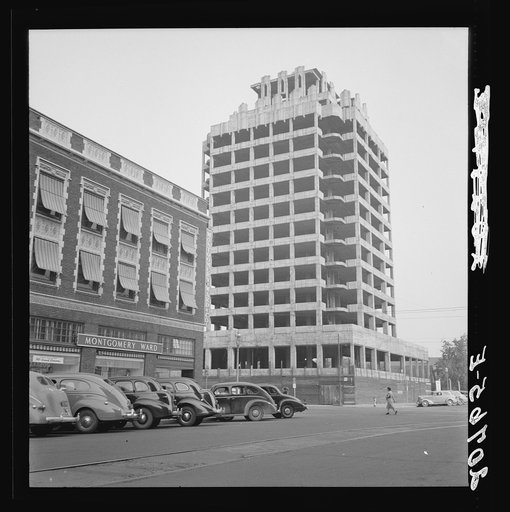 Untitled photo, possibly related to: Washington, Yakima. Monument to Depression. Unfinished hotel standing in center of town. Construction abandoned after collapse of 1929
