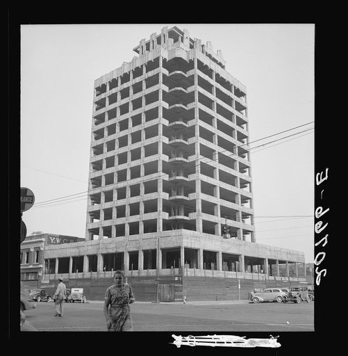 Washington, Yakima. Monument to Depression. Unfinished hotel standing in center of town. Construction abandoned after collapse of 1929