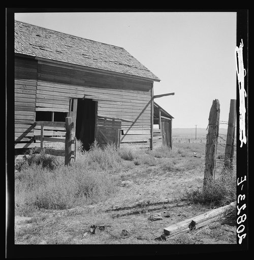 Untitled photo, possibly related to: Weeds crowd the barn door abandoned in Columbian Basin. Washington, Grant County, one mile east of Quincy. See general caption number 35