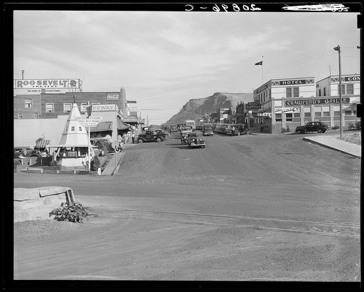 Approaching main street of boom construction town, about four years old. Looking right from highway. Washington, Coulee City, Grant County