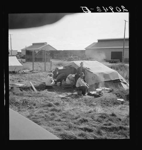 Untitled photo, possibly related to: Living conditions for migrant potato pickers. Note potato sheds across the road. Siskiyou County, California. General caption number 63-1