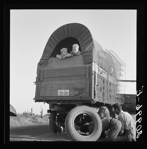 Untitled photo, possibly related to: Just arrived from Kansas. On highway going to potato harvest. Near Merrill, Klamath County, Oregon