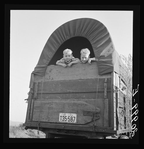 Untitled photo, possibly related to: Just arrived from Kansas. On highway going to potato harvest. Near Merrill, Klamath County, Oregon