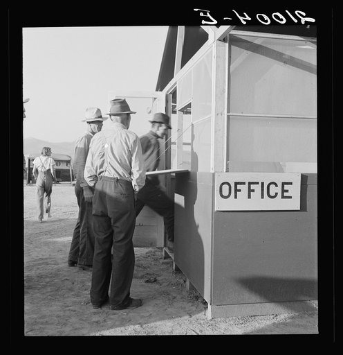 Untitled photo, possibly related to: Applicants at registration tent on opening day of mobile unit (FSA - Farm Security Administration). Merrill, Klamath County, Oregon. General caption number 62
