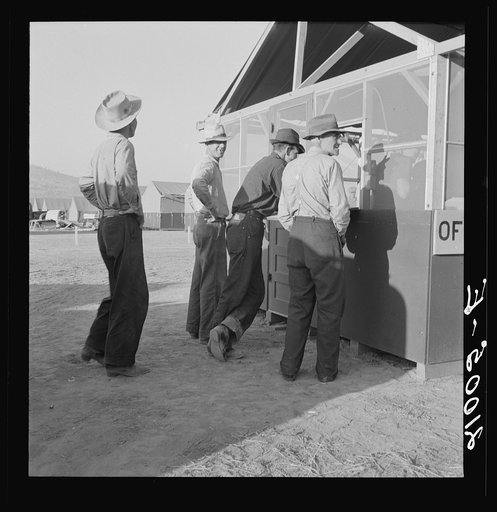 Applicants at registration tent on opening day of mobile unit (FSA - Farm Security Administration). Merrill, Klamath County, Oregon. General caption number 62