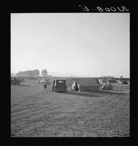 Untitled photo, possibly related to: Families camped on flat before season opens, waiting for the Farm Security Administration (FSA) mobile unit to open. No sanitation, no water. Near Merrill, Klamath County, Oregon