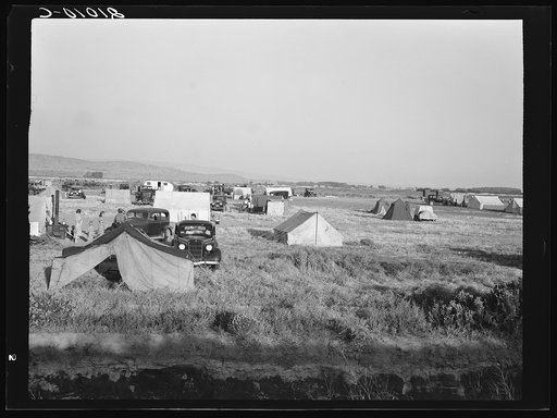 Untitled photo, possibly related to: Families camped on flat before season opens, waiting for the Farm Security Administration (FSA) mobile unit to open. No sanitation, no water. Near Merrill, Klamath County, Oregon
