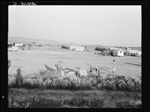 Families camped on flat before season opens, waiting for the Farm Security Administration (FSA) mobile unit to open. No sanitation, no water. Near Merrill, Klamath County, Oregon