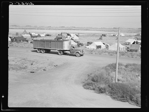 Camp of migrant potato pickers seen from the packing shed. Tulelake, Siskiyou County, California. See general caption number 63-1
