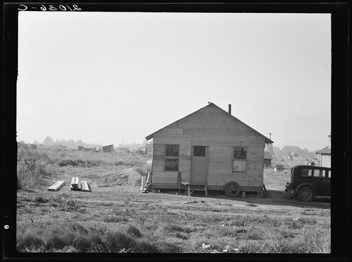 Untitled photo, possibly related to: Mother and two children, husband, his brother and brother's wife shown. Near Klamath Falls, Oregon. Rural shack community on outskirts of town. General caption number 47