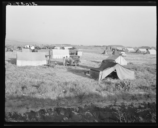 Families camped on flat before season opens waiting for the Farm Security Administration (FSA) mobile unit to open. No sanitation, no water. Near Merrill, Klamath County, Oregon