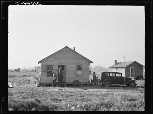 Untitled photo, possibly related to: Mother and two children, husband, his brother and brother's wife shown. Near Klamath Falls, Oregon. Rural shack community on outskirts of town. General caption number 47