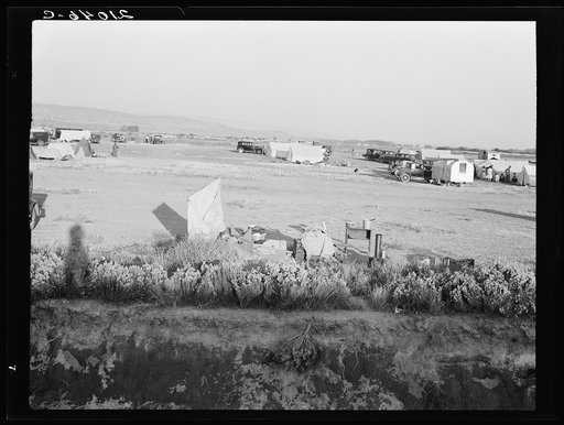 Untitled photo, possibly related to: Families camped on flat before season opens, waiting for the Farm Security Administration (FSA) mobile unit to open. No sanitation, no water. Near Merrill, Klamath County, Oregon