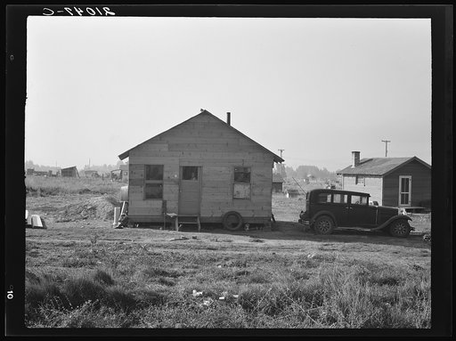 Untitled photo, possibly related to: Mother and two children, husband, his brother and brother's wife shown. Near Klamath Falls, Oregon. Rural shack community on outskirts of town. General caption number 47