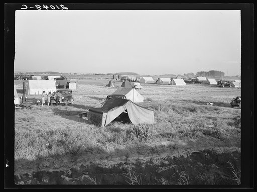 Untitled photo, possibly related to: Families camped on flat before season opens, waiting for the Farm Security Administration (FSA) mobile unit to open. No sanitation, no water. Near Merrill, Klamath County, Oregon