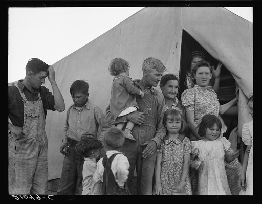 In Farm Security Administration (FSA) migrant labor camp during pea harvest. Family from Oklahoma with eleven children. Father, eldest daughter and eldest son working. She: "I want to go back to where we can live happy, live decent, and grow what we eat." He: "I've made my mistake and now we can't g