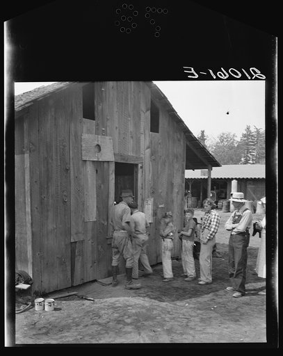Untitled photo, possibly related to: Part of the lineup at paymaster's window at noon. Hop pickers are paid off daily. Near Grants Pass, Josephine County, Oregon. General caption number 45-11