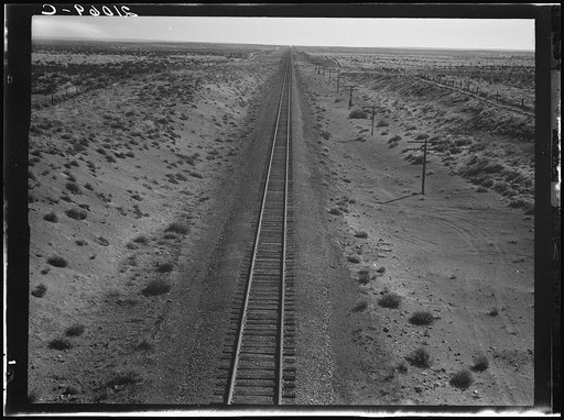 Untitled photo, possibly related to: Western Pacific line runs through unclaimed desert of northern Oregon. Ten miles from railroad station at Irrigon. Morrow County, Oregon