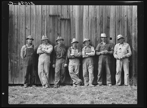 Here are the farmers who have bought machinery cooperatively. Photographed just before they go to dinner on the Miller farm where they are working. West Carlton, Yamhill County, Oregon