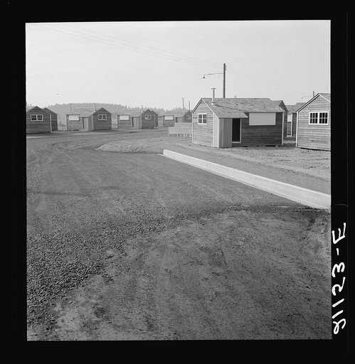 Shows new type of wooden shelter for migratory workers. FSA (Farm Security Administration) camp. Near McMinnville, Oregon. See general caption number 60