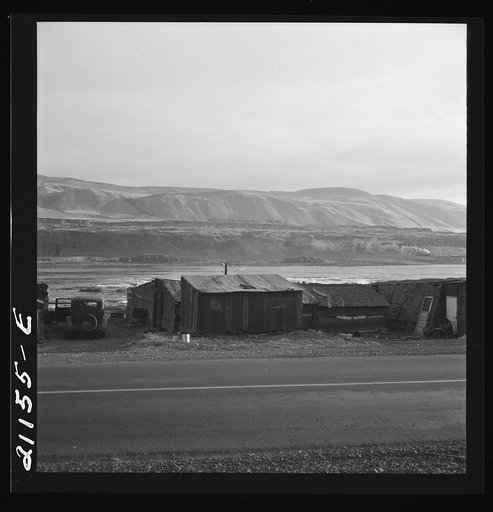 Yakima Indian valley on the Columbia River, inhabited during salmon season. After the fishing is over they return to the Yakima Valley. Indian girl:  "They don't want to live better. The government is trying to make them." Celilo, Wasco County, Oregon