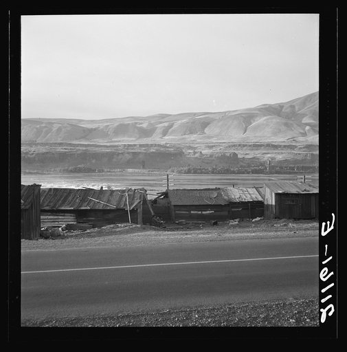 Untitled photo, possibly related to: Yakima Indian valley on the Columbia River, inhabited during salmon season. After the fishing is over they return to the Yakima Valley. Indian girl: "They don't want to live better. The government is trying to make them." Celilo, Wasco County, Oregon