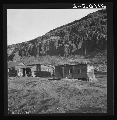 Yakima Indian village, on the Columbia River, inhabited during salmon season. After the fishing is over they return to the Yakima Valley. Indian girl: "They don't want to live better. The government is trying to make them." Celilo, Wasco County, Oregon