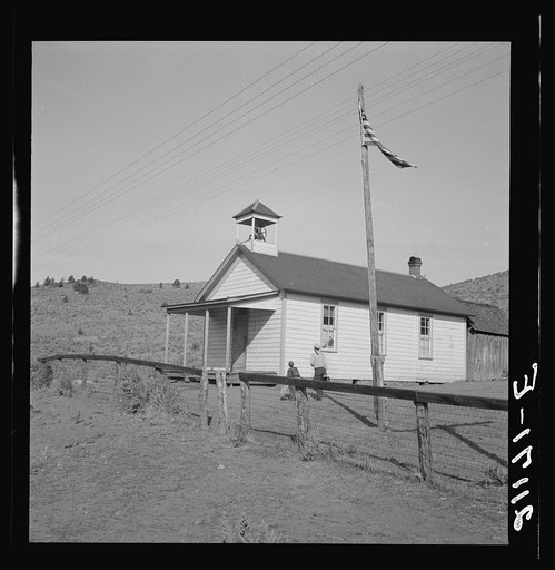 Untitled photo, possibly related to: Nine a.m. Four pupils attend this day, of the seven who are enrolled at the eastern Oregon county school. Between Pleasant Valley and Durkee, Baker County, Oregon