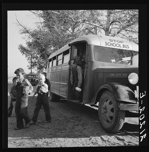 Untitled photo, possibly related to: The children from Dead Ox Flat get off bus at school yard. Ontario, Malheur County, Oregon. General caption number 67-1V