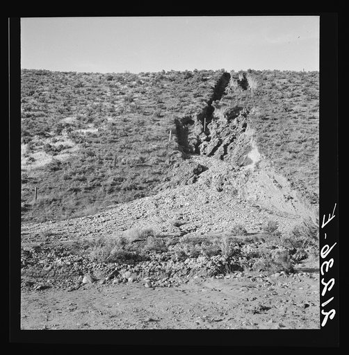 Untitled photo, possibly related to: Water seepage from newly irrigated land on top of bench, eroding the sides. A problem for the Reclamation Servive. Dead Ox Flat, Malheur County, Oregon